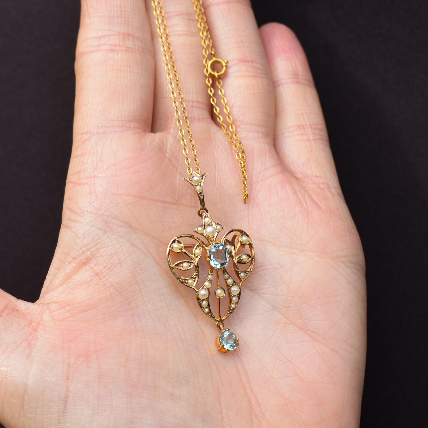 Antique Edwardian Blue Paste 9ct Gold Pendant and Chain Necklace | 15" Length