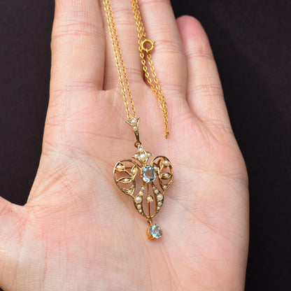 Antique Edwardian Blue Paste 9ct Gold Pendant and Chain Necklace | 15" Length