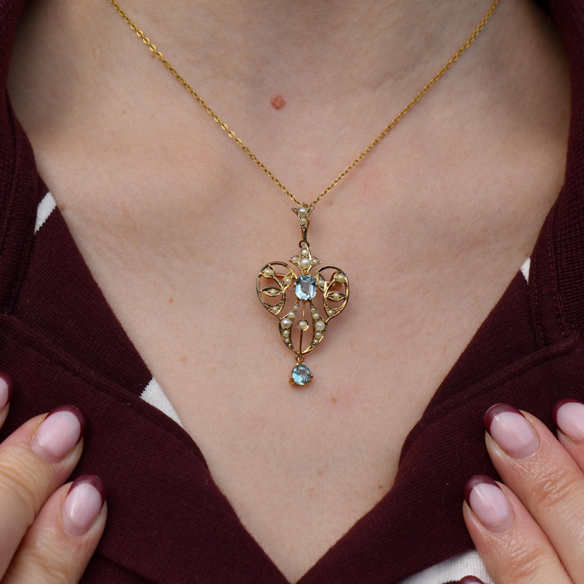 Antique Edwardian Blue Paste 9ct Gold Pendant and Chain Necklace | 15" Length