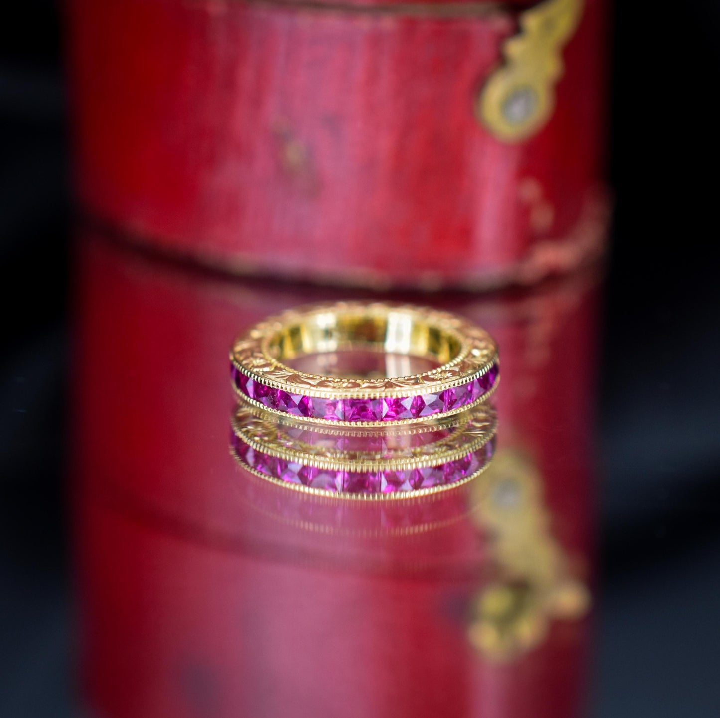 French Cut Ruby 18ct Gold Engraved Connector Bail Charm