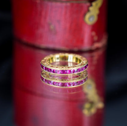 French Cut Ruby 18ct Gold Engraved Connector Bail Charm