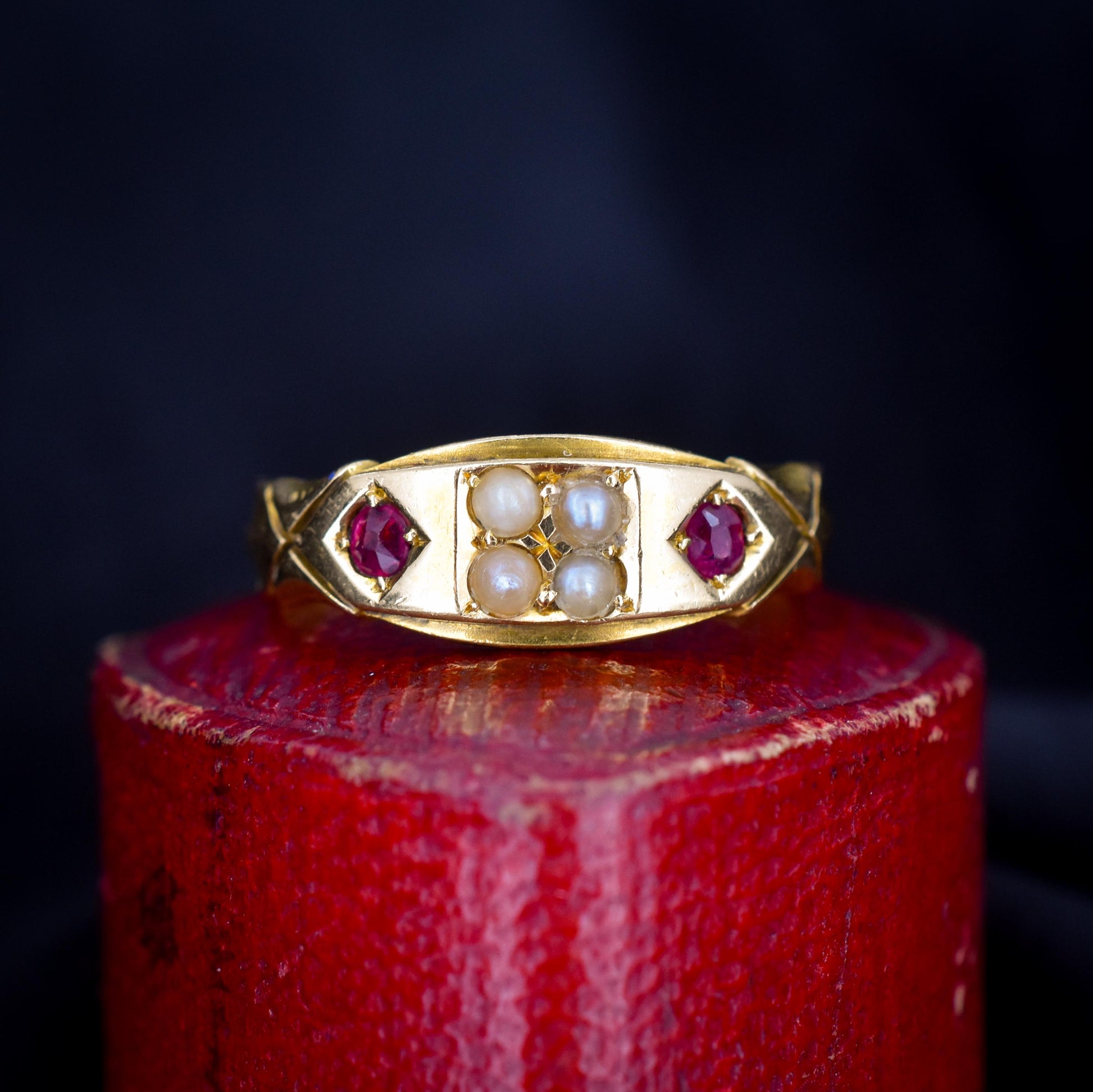 Antique Victorian Ruby and Pearl 18ct Gold Band Ring - Chester 1898