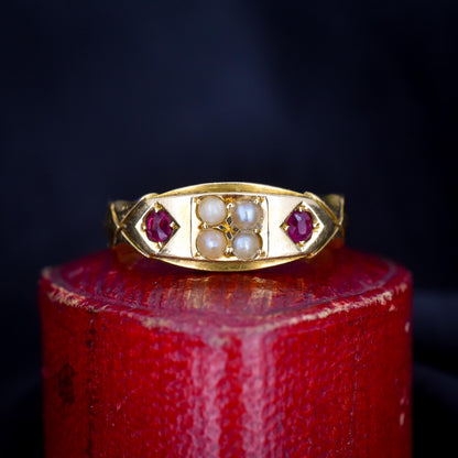 Antique Victorian Ruby and Pearl 18ct Gold Band Ring - Chester 1898