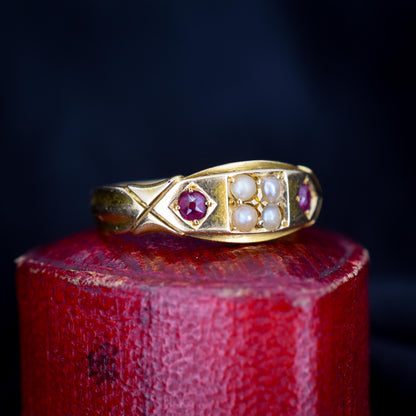 Antique Victorian Ruby and Pearl 18ct Gold Band Ring - Chester 1898
