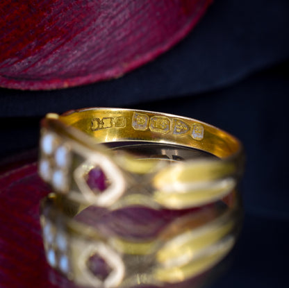 Antique Victorian Ruby and Pearl 18ct Gold Band Ring - Chester 1898