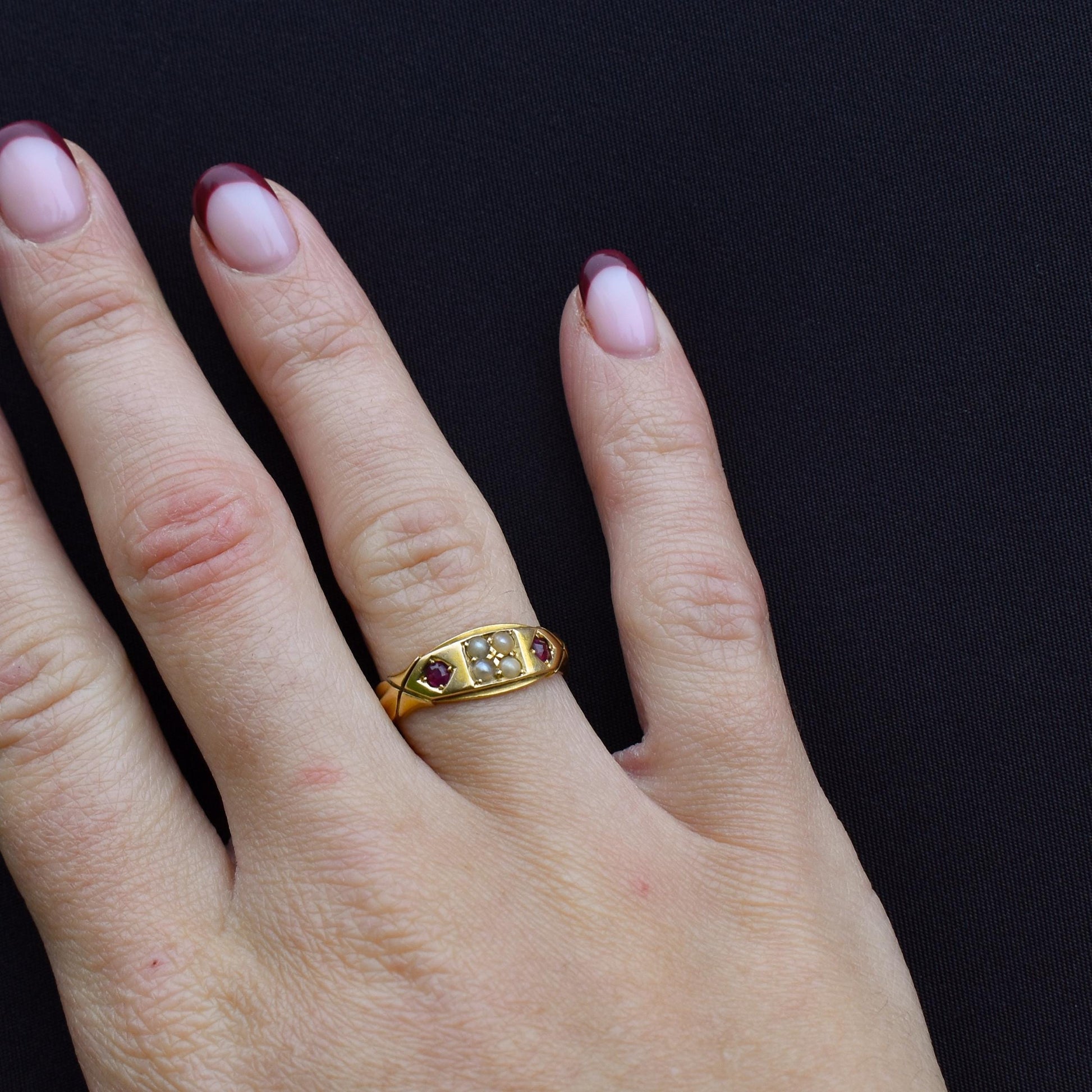 Antique Victorian Ruby and Pearl 18ct Gold Band Ring - Chester 1898