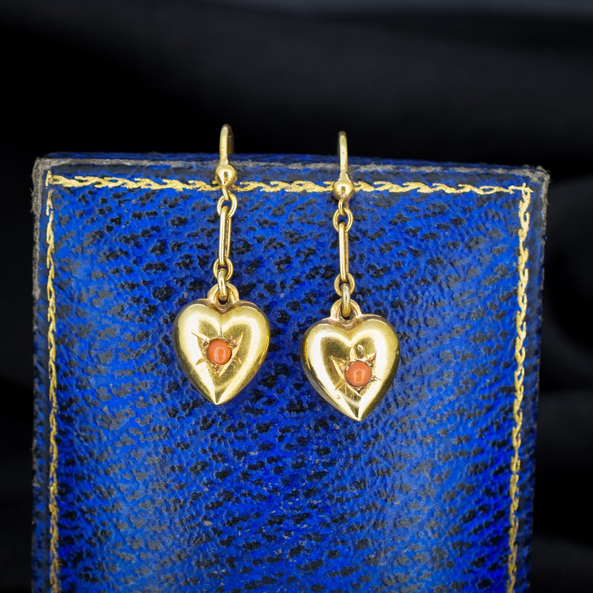 Antique 9ct Gold Coral Heart Drop Earrings