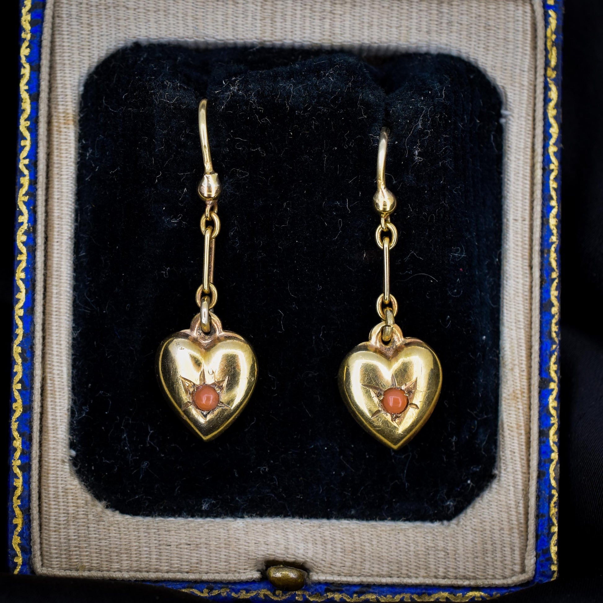 Antique 9ct Gold Coral Heart Drop Earrings
