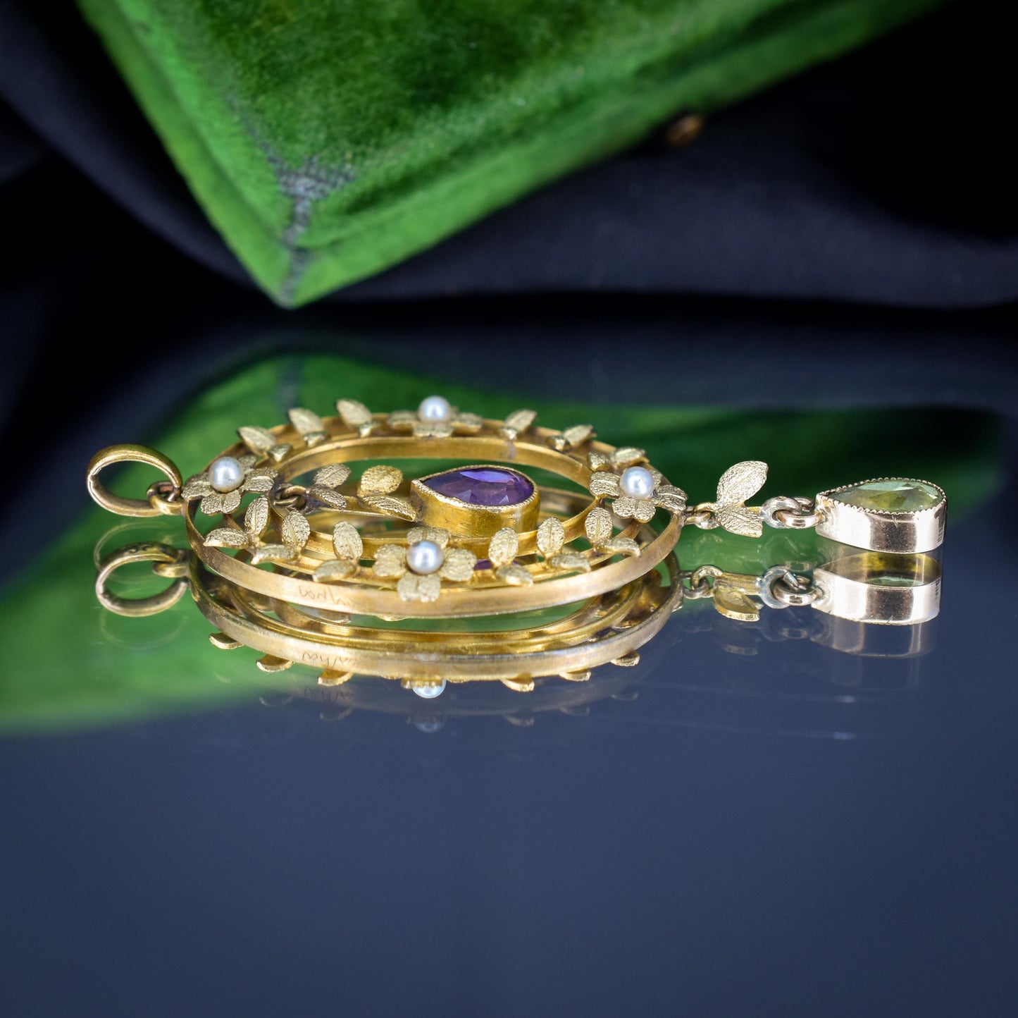 Antique Edwardian Amethyst Peridot and Pearl Gold Pendant | Suffragette