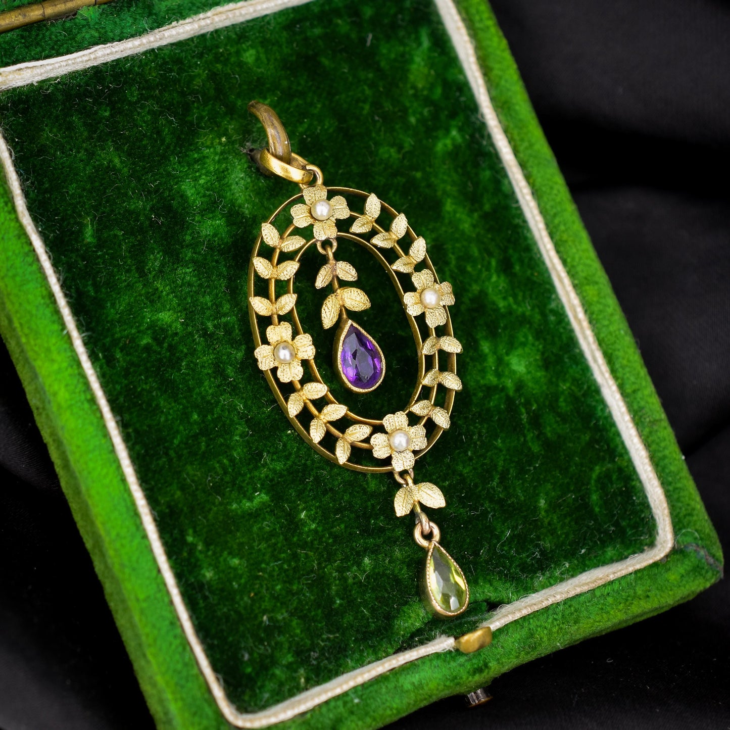 Antique Edwardian Amethyst Peridot and Pearl Gold Pendant | Suffragette