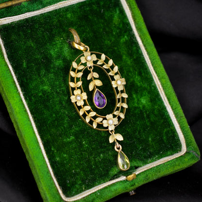 Antique Edwardian Amethyst Peridot and Pearl Gold Pendant | Suffragette