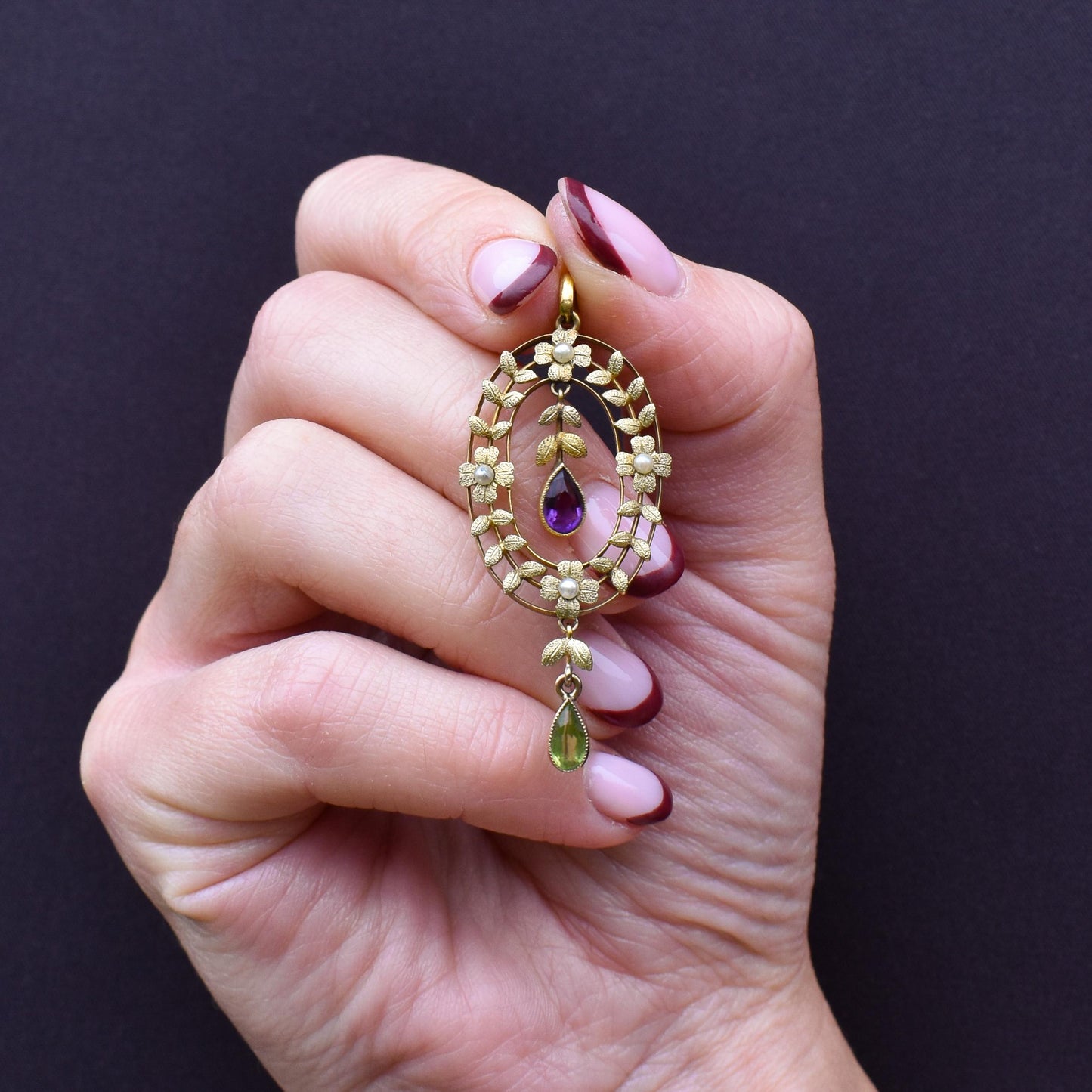 Antique Edwardian Amethyst Peridot and Pearl Gold Pendant | Suffragette