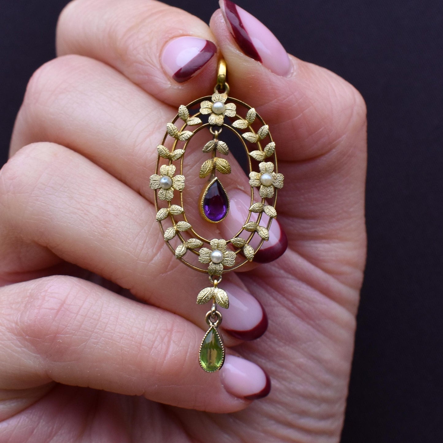 Antique Edwardian Amethyst Peridot and Pearl Gold Pendant | Suffragette