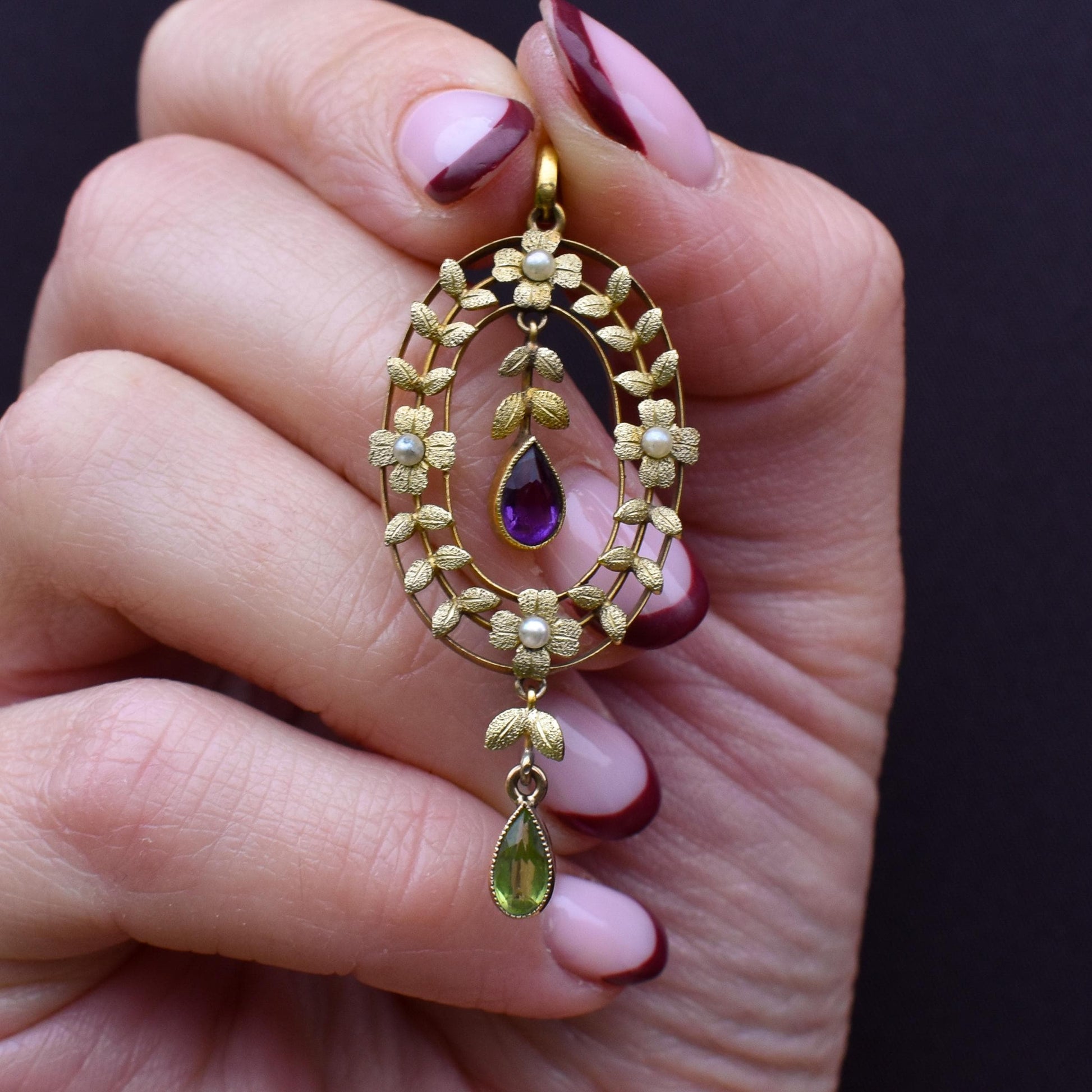 Antique Edwardian Amethyst Peridot and Pearl Gold Pendant | Suffragette