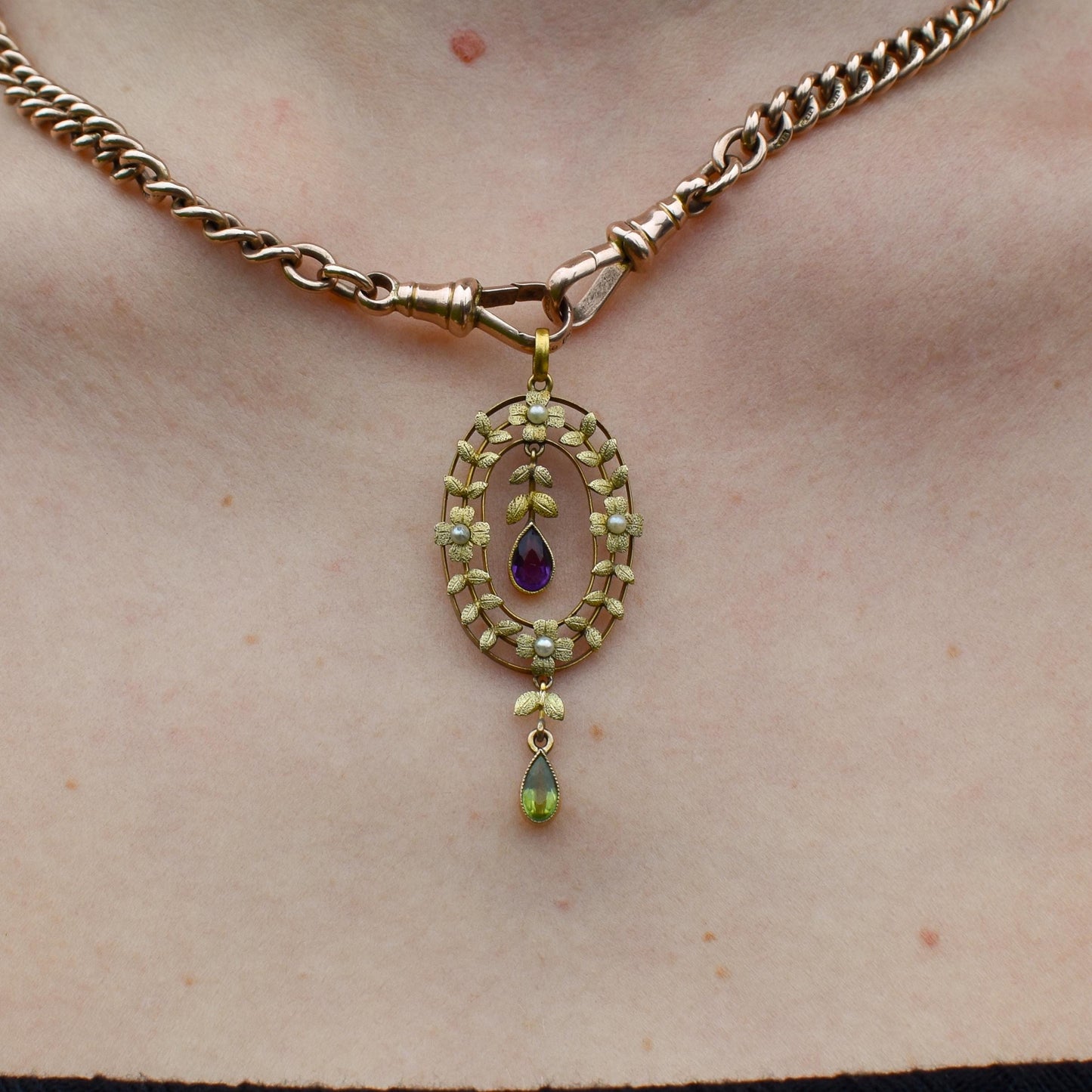 Antique Edwardian Amethyst Peridot and Pearl Gold Pendant | Suffragette