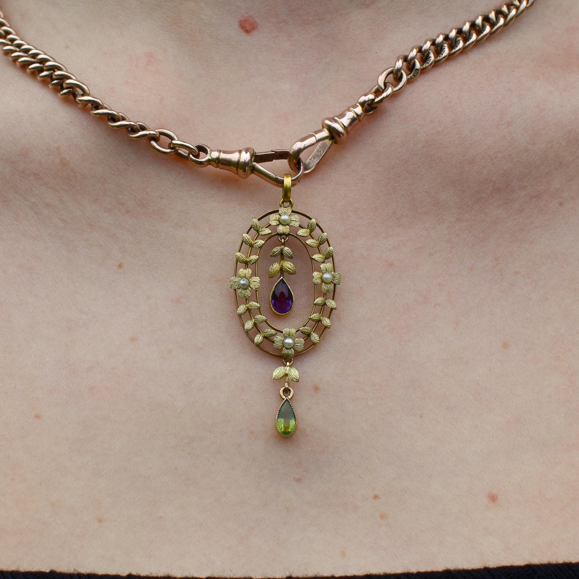 Antique Edwardian Amethyst Peridot and Pearl Gold Pendant | Suffragette