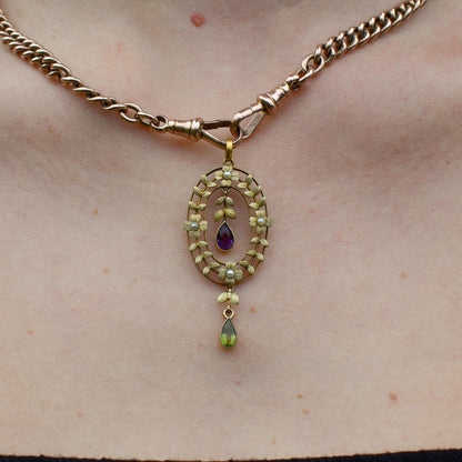Antique Edwardian Amethyst Peridot and Pearl Gold Pendant | Suffragette