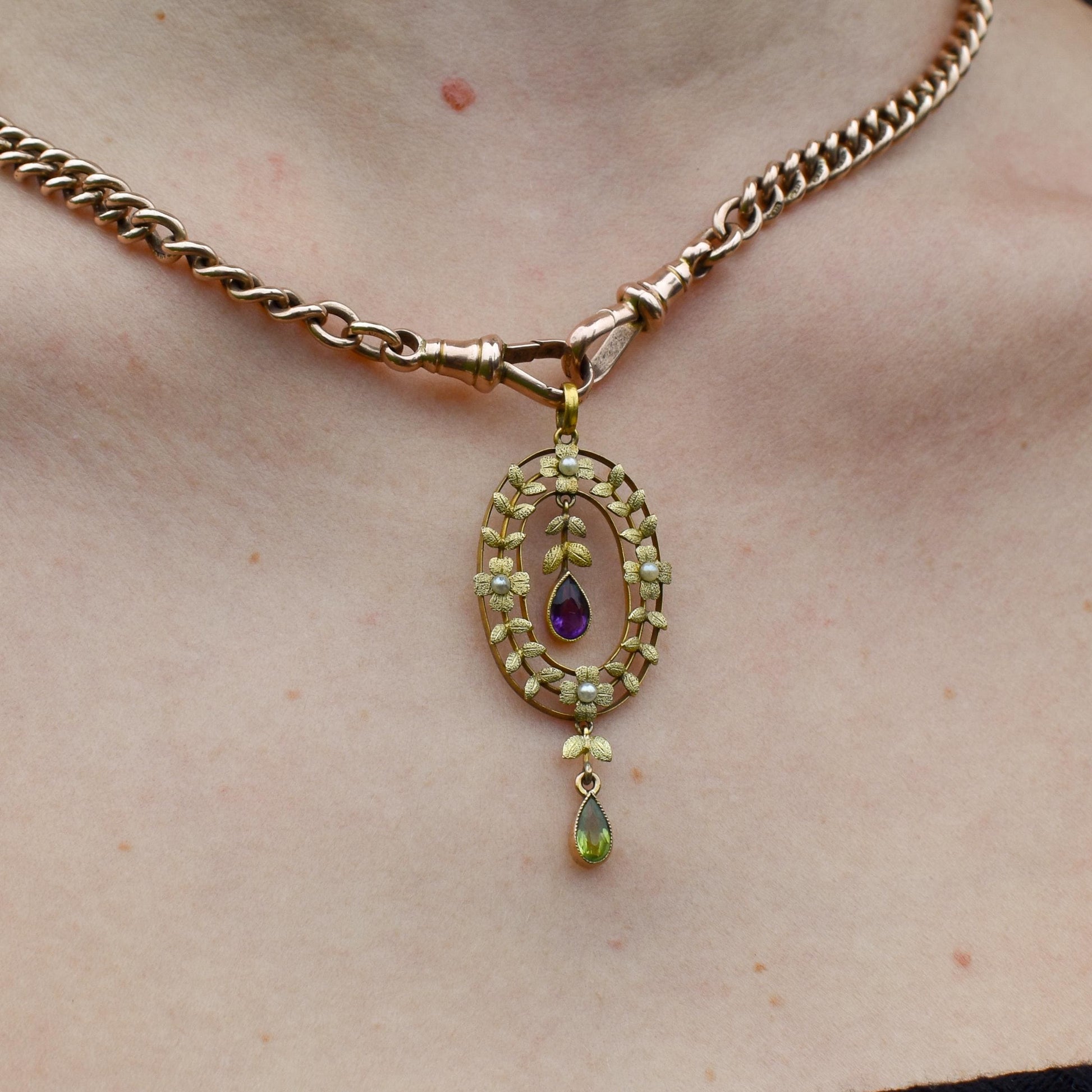 Antique Edwardian Amethyst Peridot and Pearl Gold Pendant | Suffragette