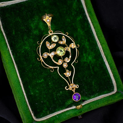 Antique Suffragette Peridot Pearl and Amethyst 15ct Gold Pendant