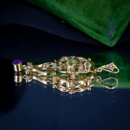 Antique Suffragette Peridot Pearl and Amethyst 15ct Gold Pendant