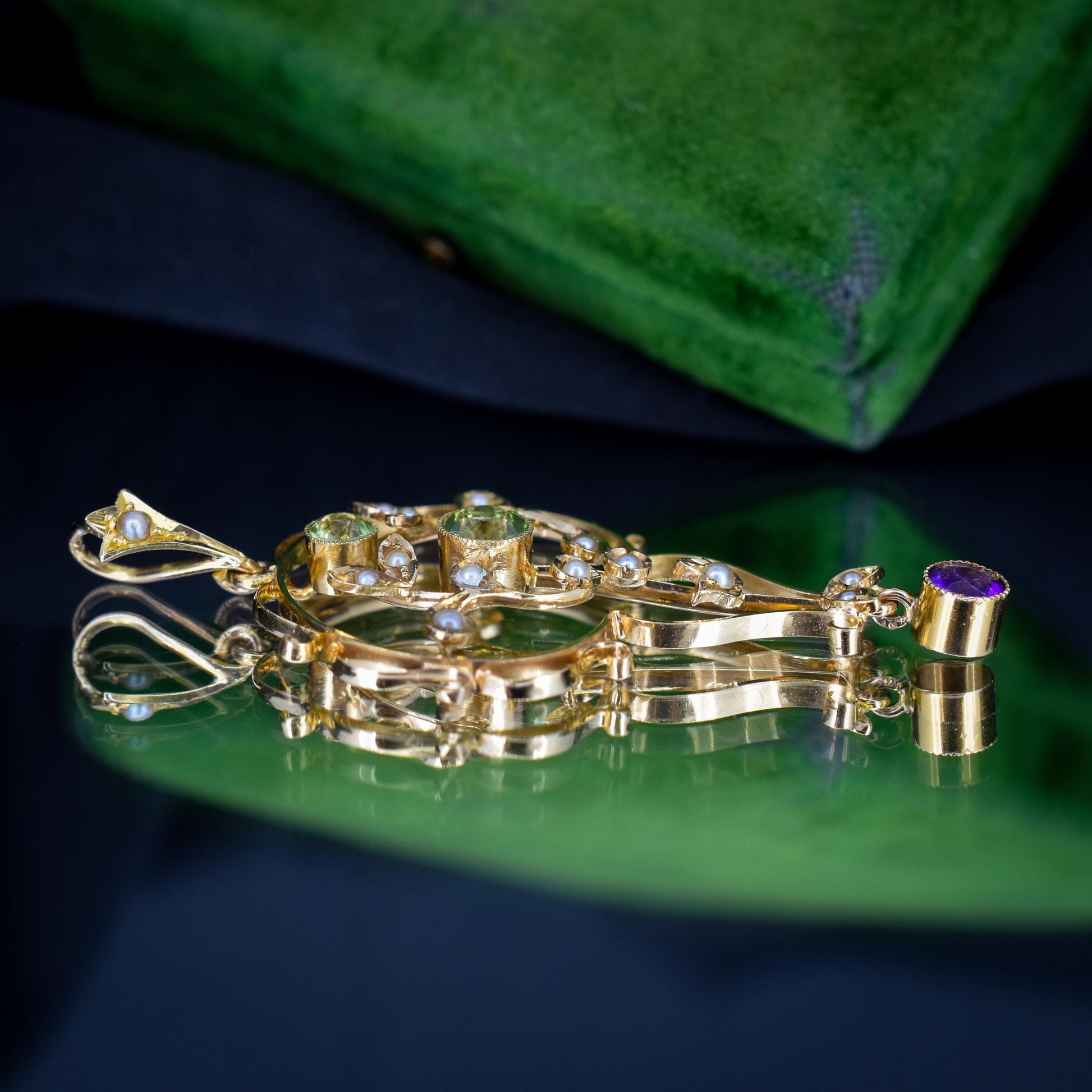 Antique Suffragette Peridot Pearl and Amethyst 15ct Gold Pendant