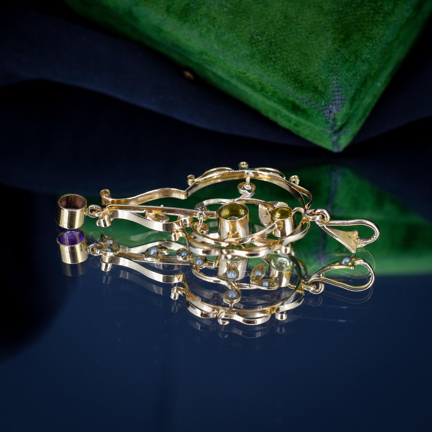 Antique Suffragette Peridot Pearl and Amethyst 15ct Gold Pendant