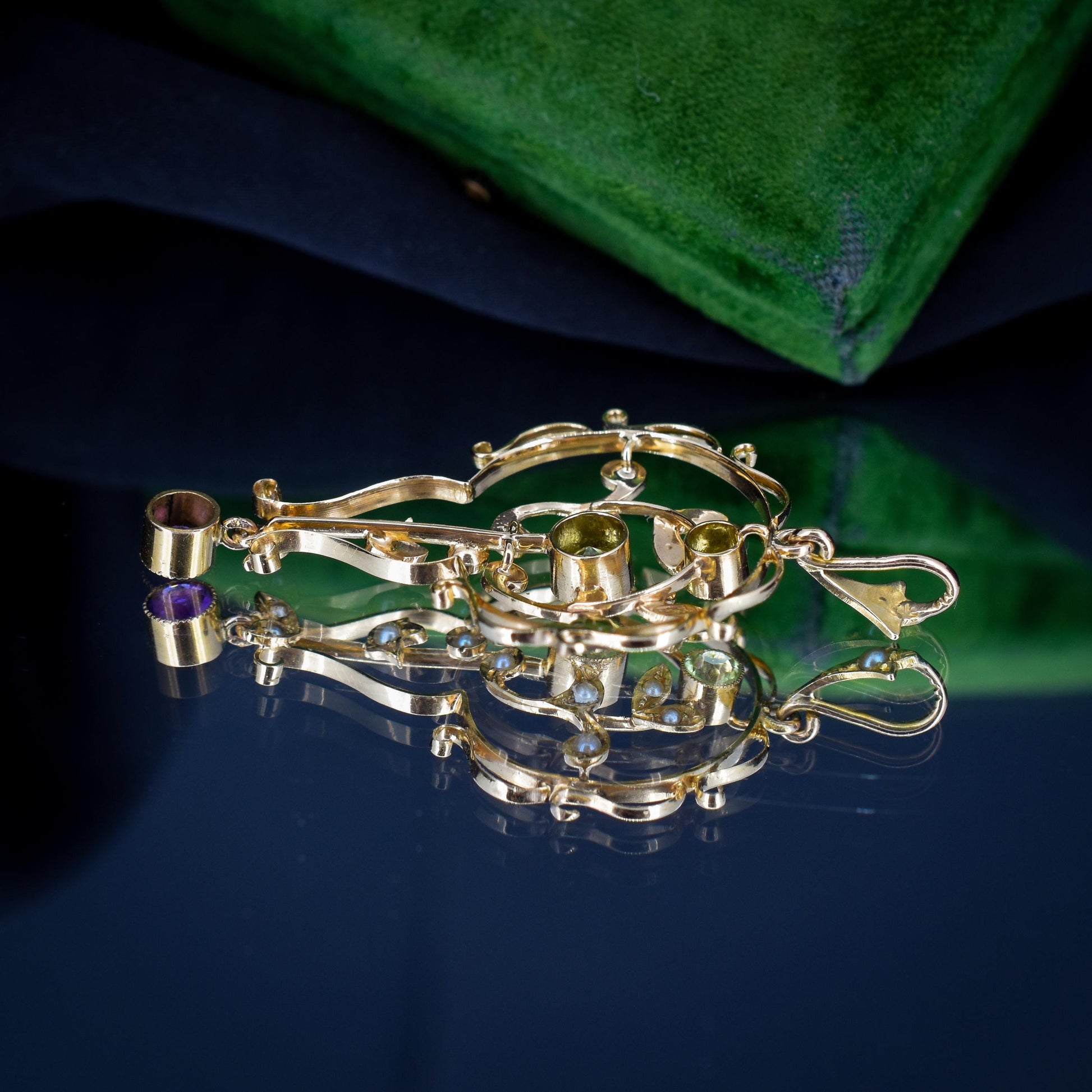 Antique Suffragette Peridot Pearl and Amethyst 15ct Gold Pendant