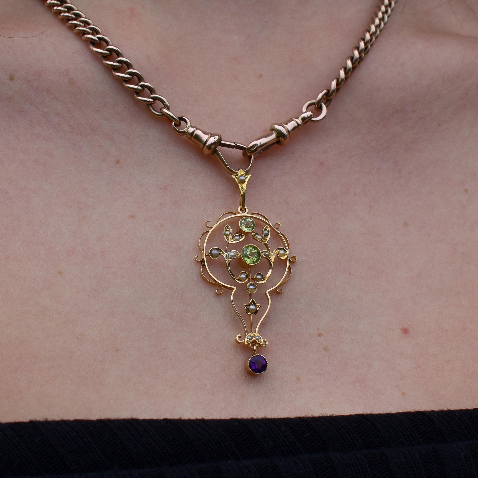 Antique Suffragette Peridot Pearl and Amethyst 15ct Gold Pendant