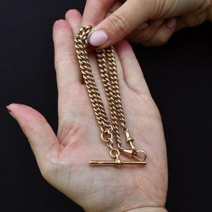Antique 9ct Gold Double Dog Clip Curb Albert Watch Chain Necklace 15.75"