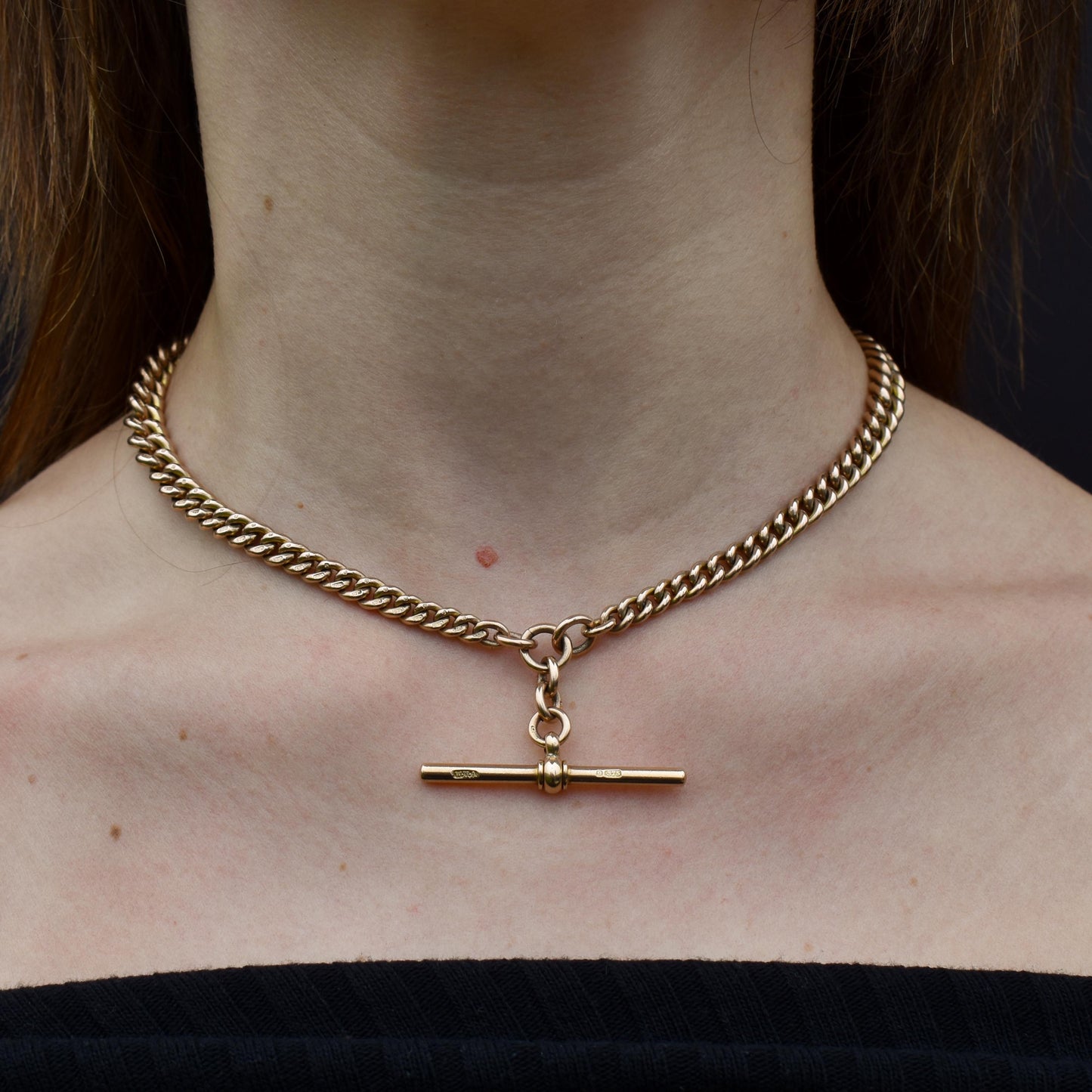 Antique 9ct Gold Double Dog Clip Curb Albert Watch Chain Necklace 15.75"