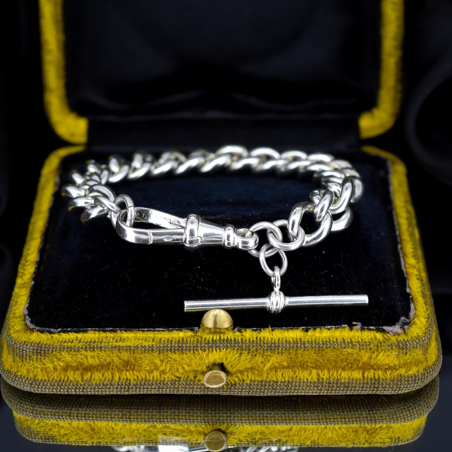 Antique Heavy Graduated Curb Sterling Silver Bracelet with Large Dog Clip and T-bar | 7"