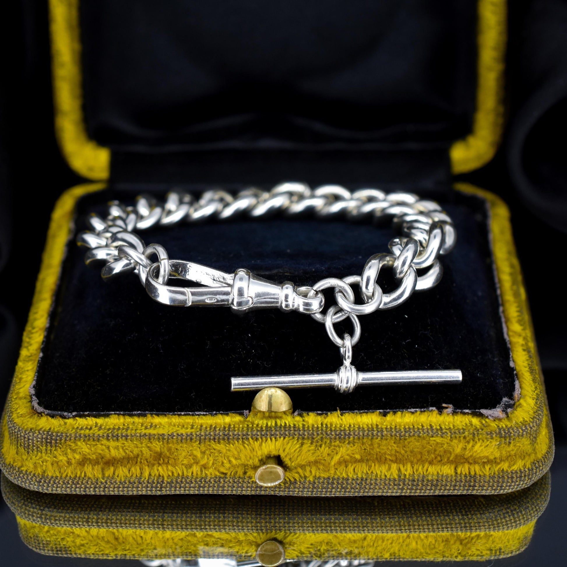 Antique Heavy Graduated Curb Sterling Silver Bracelet with Large Dog Clip and T-bar | 7"