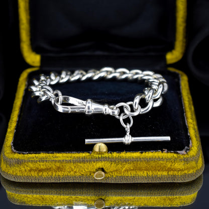 Antique Heavy Graduated Curb Sterling Silver Bracelet with Large Dog Clip and T-bar | 7"