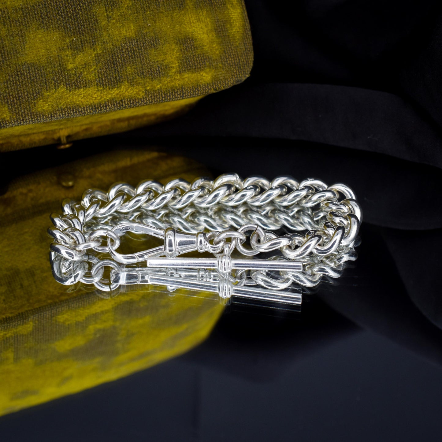 Antique Heavy Graduated Curb Sterling Silver Bracelet with Large Dog Clip and T-bar | 7"