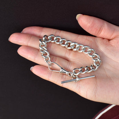 Antique Heavy Graduated Curb Sterling Silver Bracelet with Large Dog Clip and T-bar | 7"