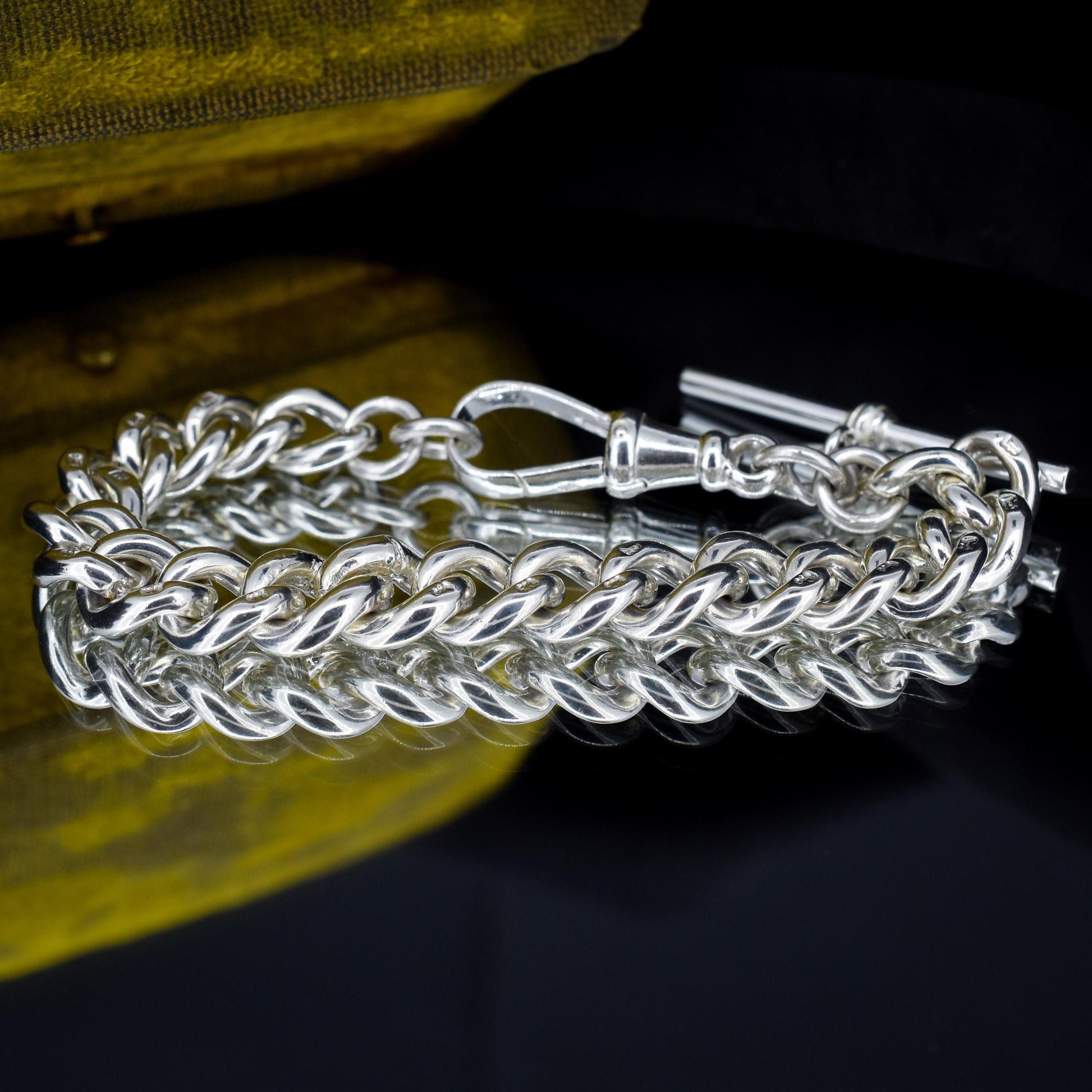 Antique Heavy Graduated Curb Sterling Silver Bracelet with Large Dog Clip and T-bar | 7"