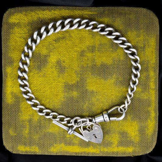 Antique Graduated Curb Sterling Silver Bracelet with Dog Clip, T-bar and Heart Padlock | 7.5"