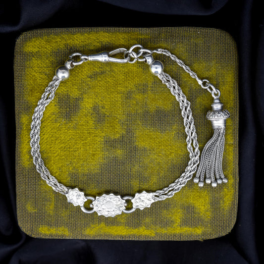 Antique Silver Double-Strand Albertina Albert Chain Bracelet with Tassel