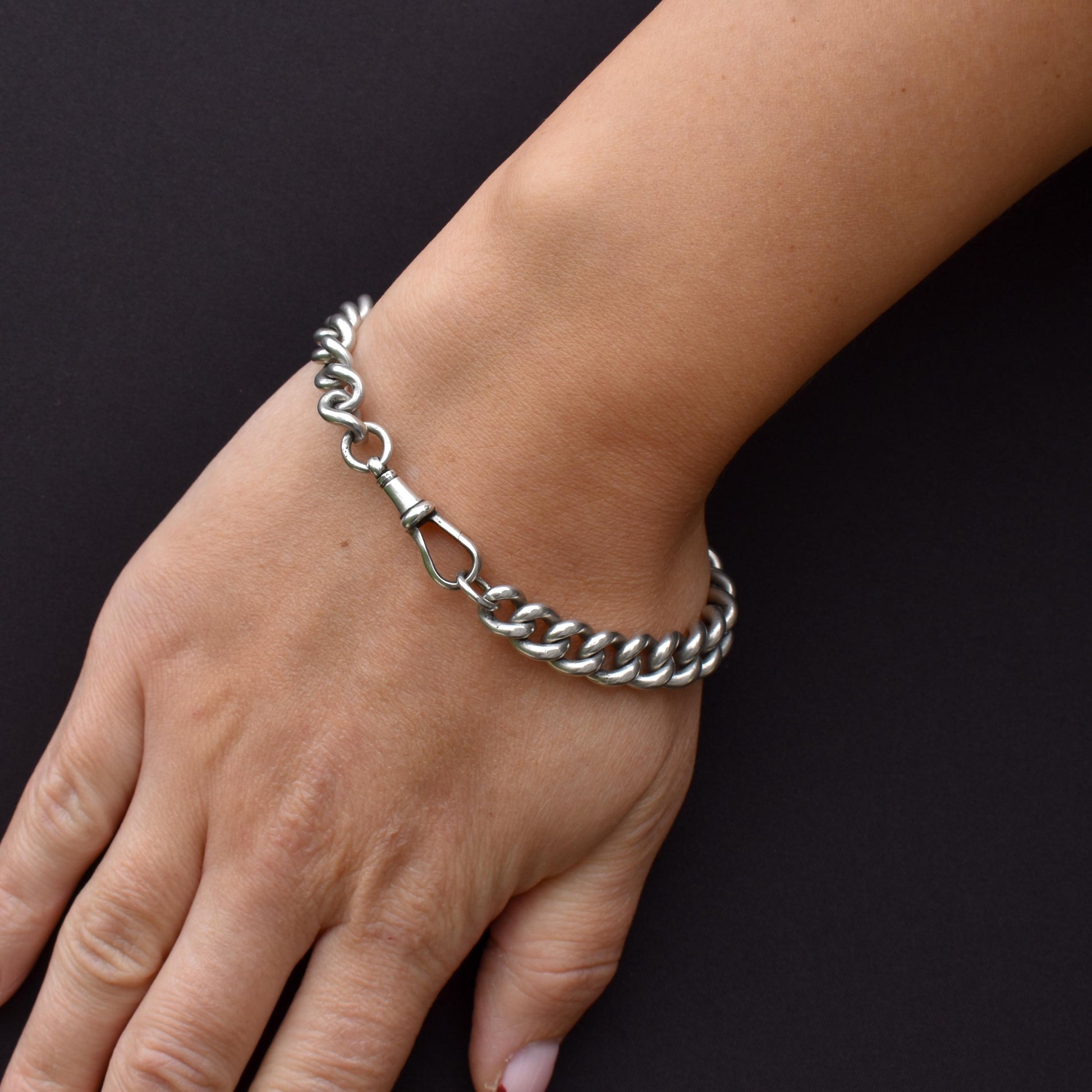 Antique Chunky Graduated Curb Sterling Silver Bracelet with Dog Clip | 7.75"