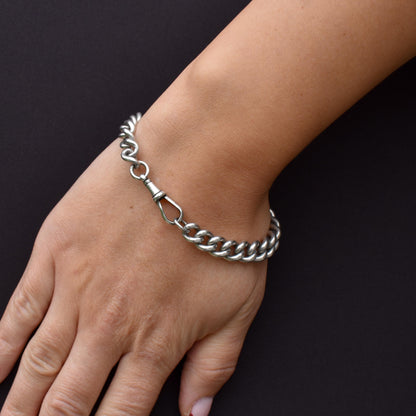 Antique Chunky Graduated Curb Sterling Silver Bracelet with Dog Clip | 7.75"