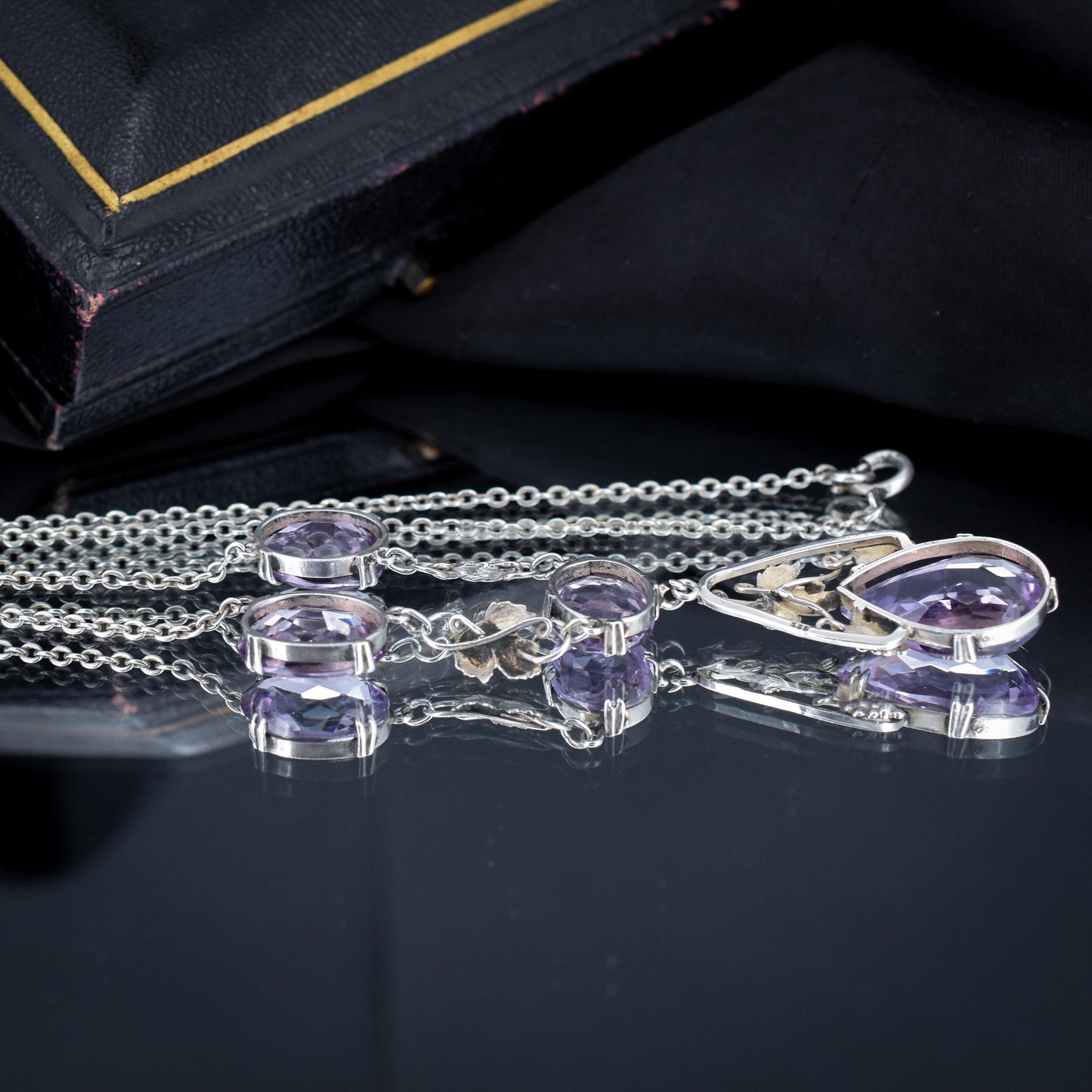 Arts & Crafts Silver Amethyst Drop Pendant Chain Necklace 18.59ct