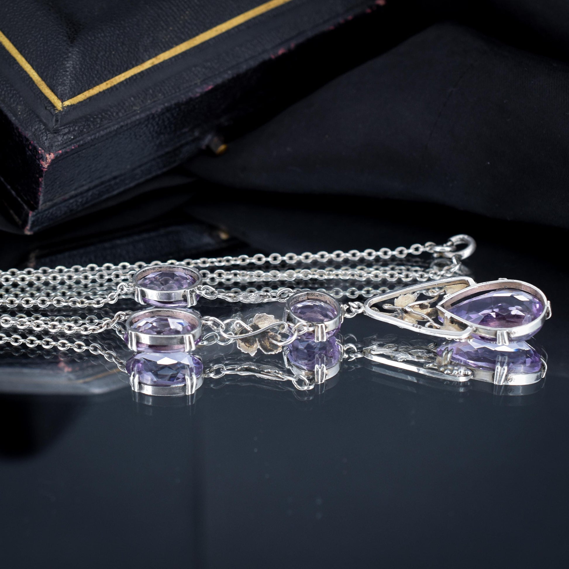 Arts & Crafts Silver Amethyst Drop Pendant Chain Necklace 18.59ct