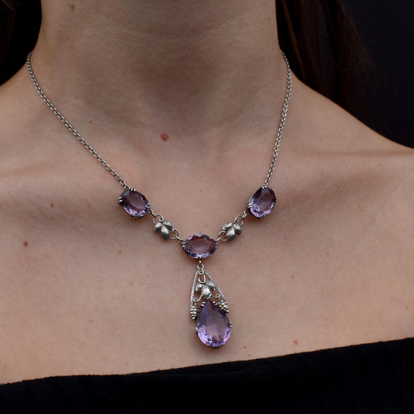 Arts & Crafts Silver Amethyst Drop Pendant Chain Necklace 18.59ct