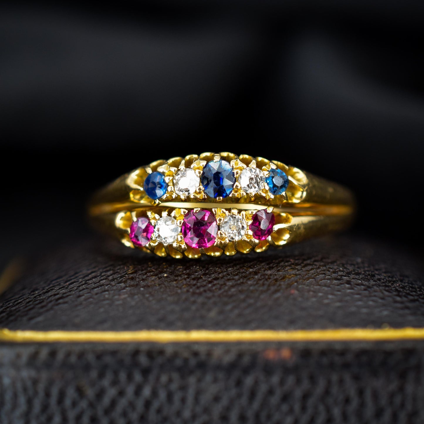 Antique 18ct Gold Sapphire Ruby and Diamond Double Row Ring