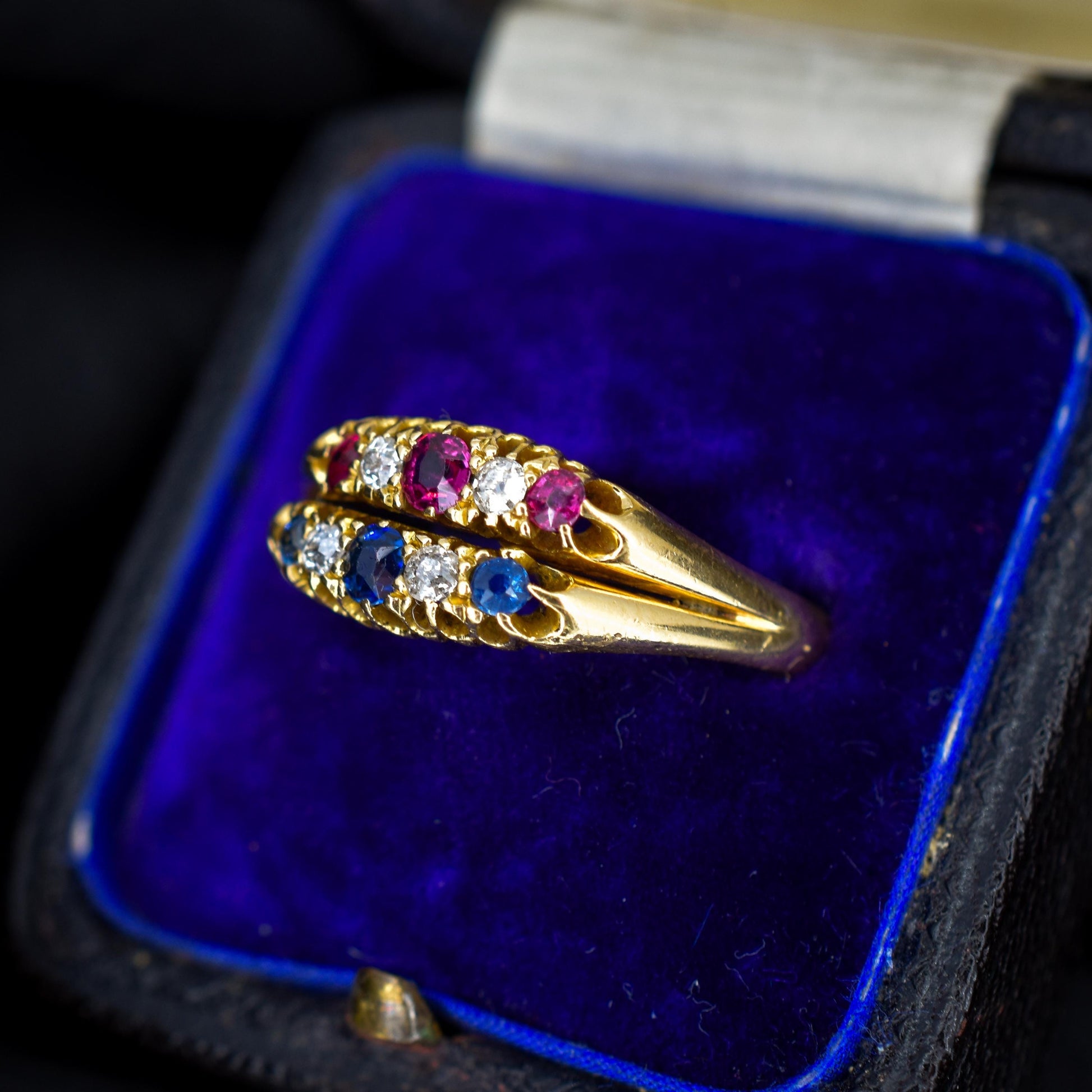 Antique 18ct Gold Sapphire Ruby and Diamond Double Row Ring