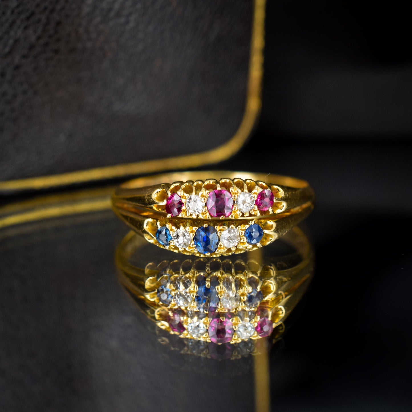 Antique 18ct Gold Sapphire Ruby and Diamond Double Row Ring