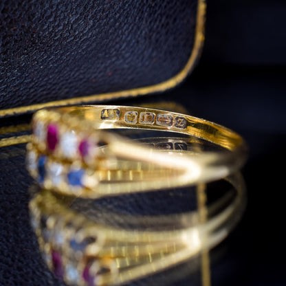 Antique 18ct Gold Sapphire Ruby and Diamond Double Row Ring