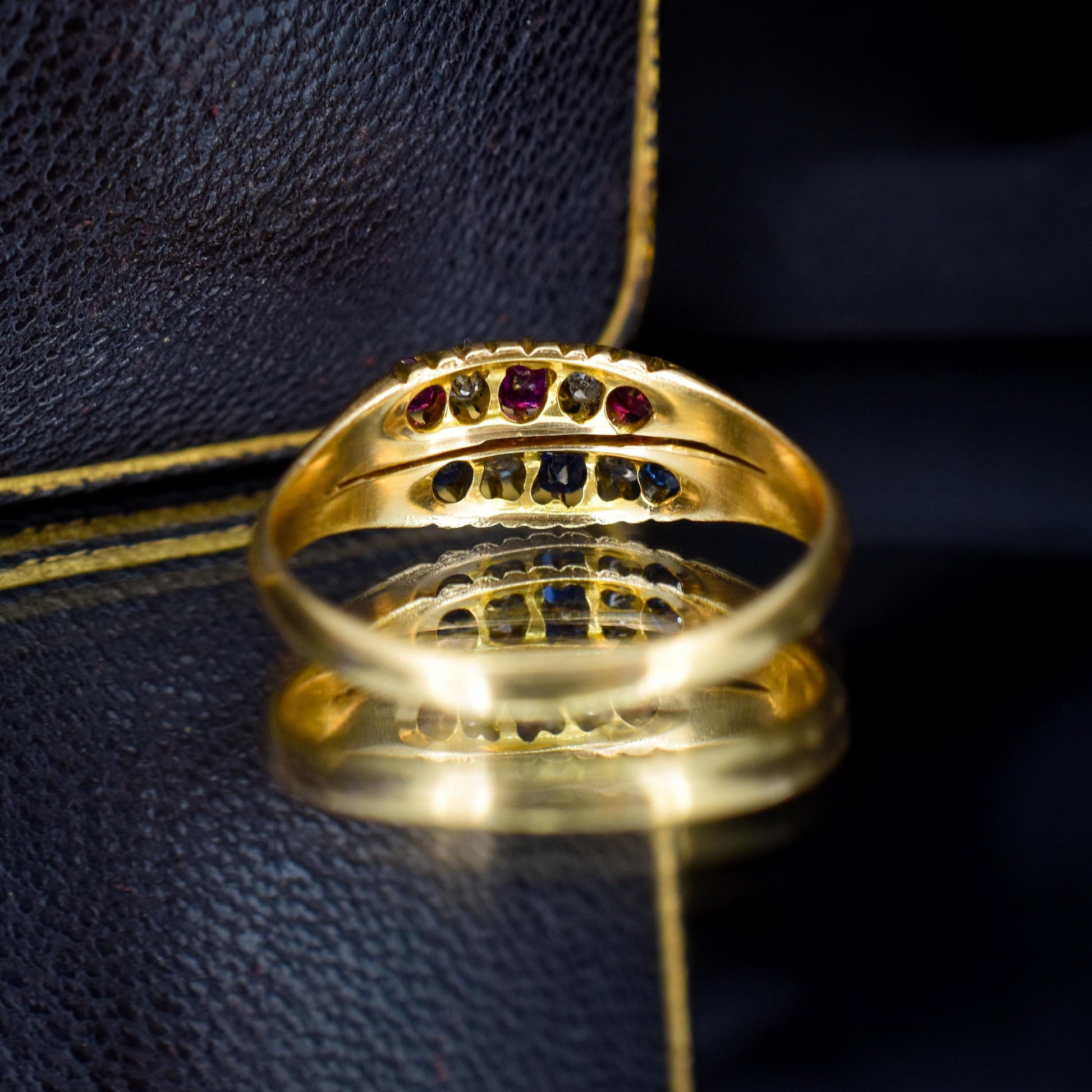 Antique 18ct Gold Sapphire Ruby and Diamond Double Row Ring