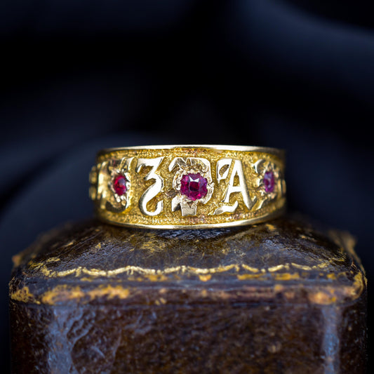 Antique Ruby Mizpah 18ct Gold Band Ring | Dated Birmingham 1884