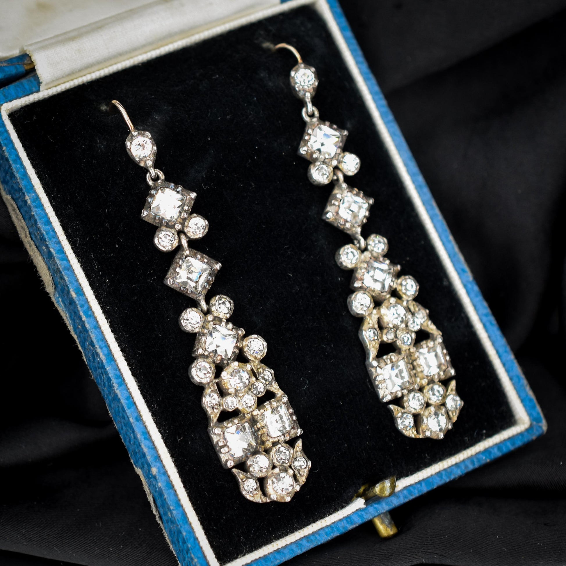 Antique Boxed Old Cut Paste Gold and Silver Drop Earrings